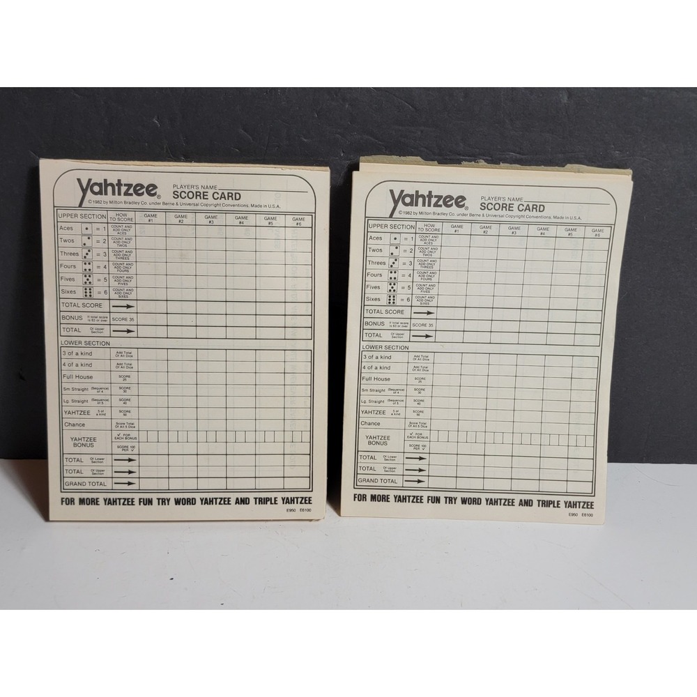 Vintage 1982 Yahtzee Score Card 60+ Sheets E950, E6100 Milton Bradley